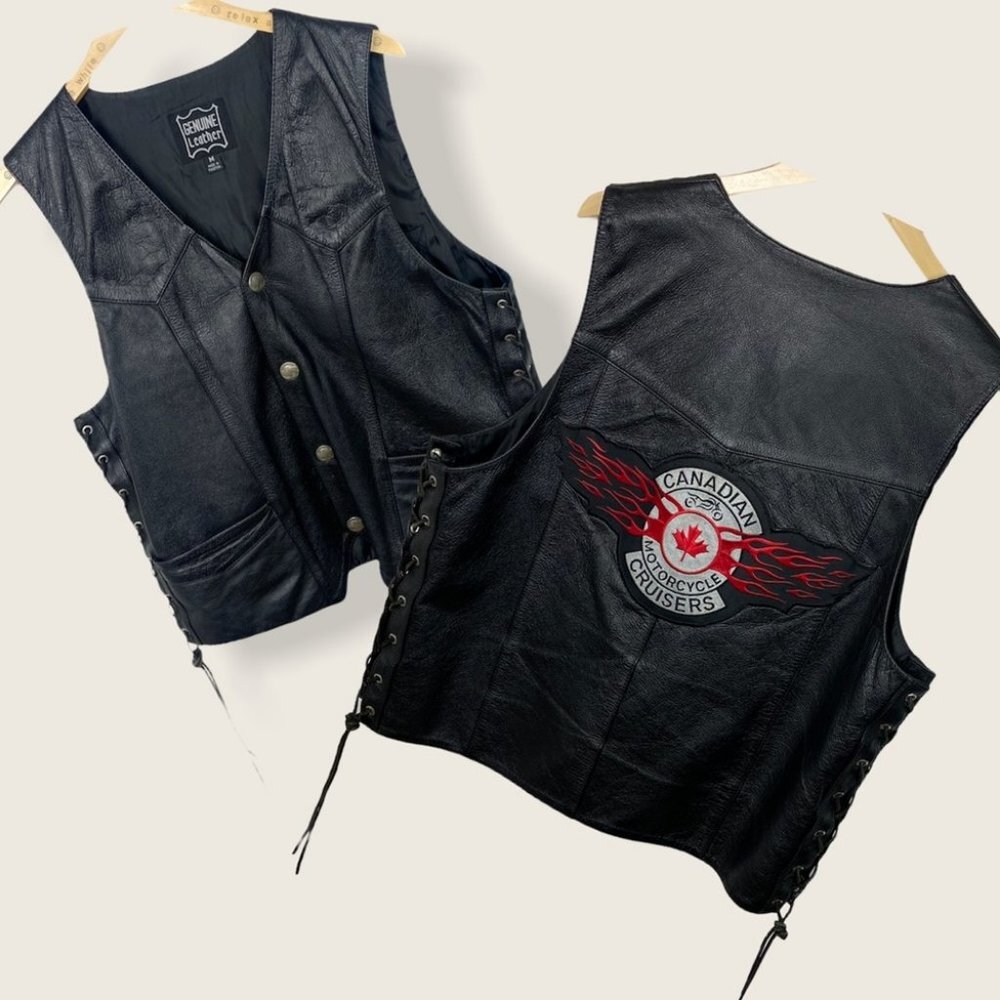 Genuine Leather Motorcycle Vest Black Cruisers Size Medium‎ Canadian Moto Jacket